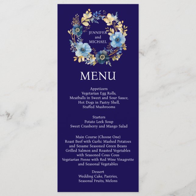 Marinho Azul e Dourado Menu Floral Menu Weding (Frente)