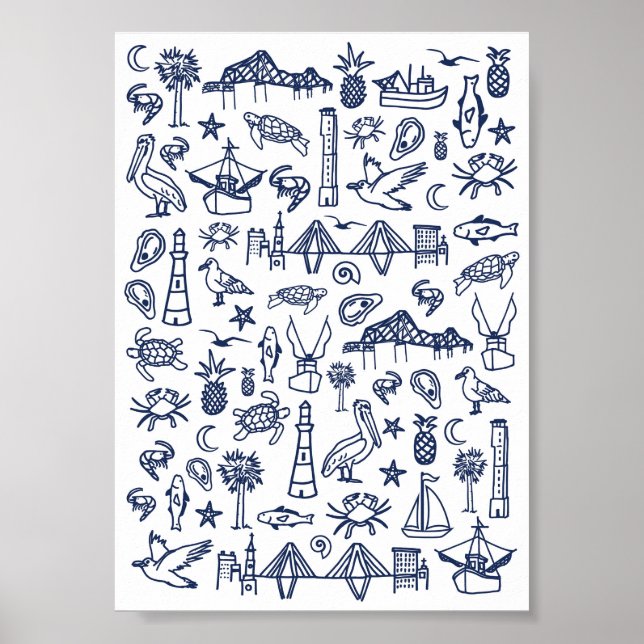 Marinho azul e Poster Mini Toile White Charleston (Frente)