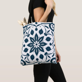 Marinho Azul Floral Azulejo Padrão Tote Bag