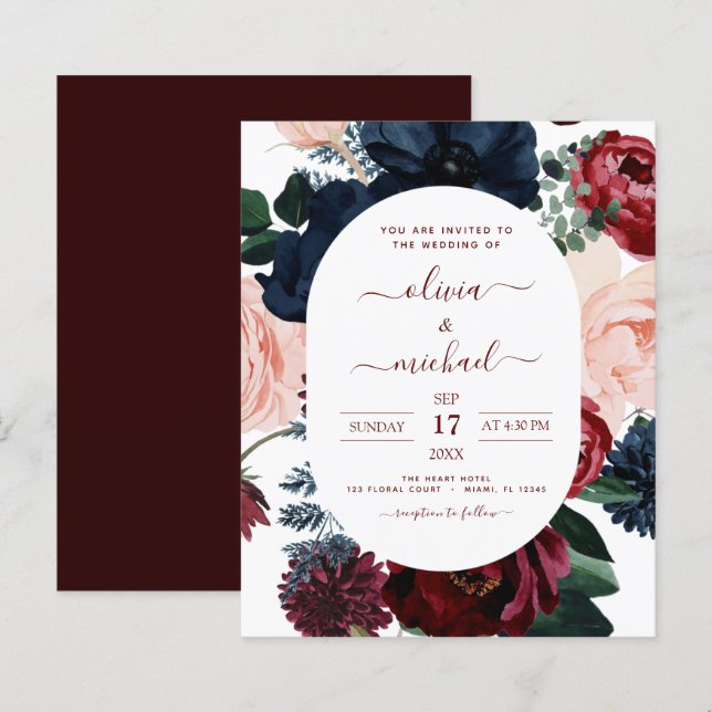 Marinho Azul Floral Casamento Azul (Frente/Verso)