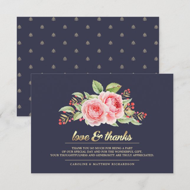 Marinho Azul Floral Casamento Obrigado Cartões (Frente/Verso)