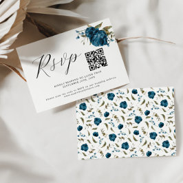 Marinho Azul Floral Casamento QR Código RSVP Cartã