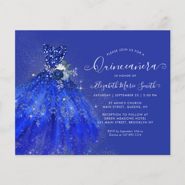 Marinho Azul Floral Silver Glitter Quinceanera (Frente)
