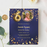 Marinho azul, foto de estrela dourada 60º convite<br><div class="desc">Um convite para fotos moderno e na moda para uma 60ª festa de aniversário. Um fundo azul marinho,  decorado com estrelas ouros. A cor azul é irregular. Personalize e adicione sua foto e detalhes da festa. 1 folha = 1 convite impresso de borda a borda.</div>