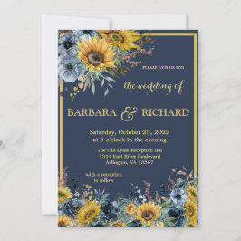 Marinho Azul Girassol Floral Convite para Casament