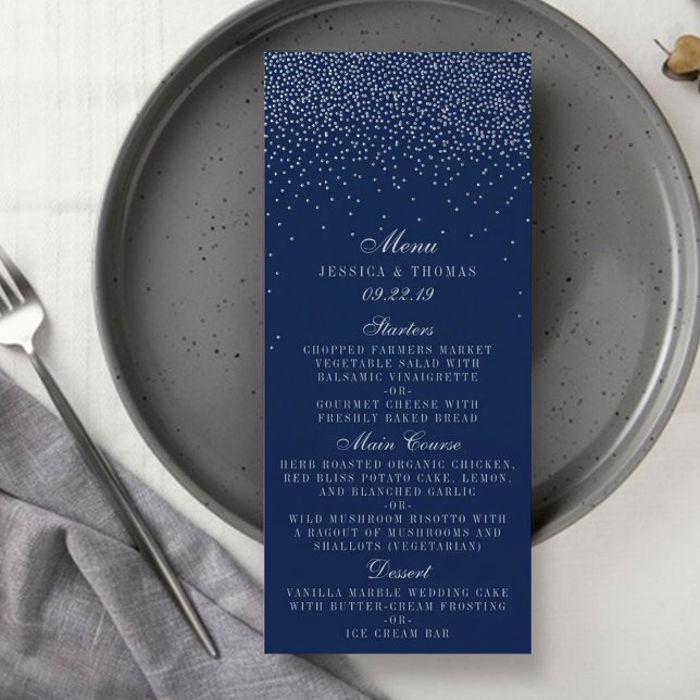Marinho Azul & Glam Silver Confetti Menu Casamento (Criador carregado)