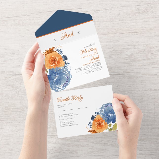 Marinho Azul Laranja Queda Floral Boho Casamento (Tearaway)