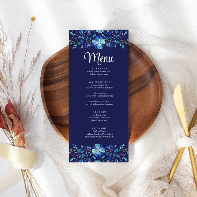 Marinho Azul Mexicano Floral Fiesta Menu (Navy Blue Mexican Floral Fiesta Wedding Menu Card on a boho wedding table.)