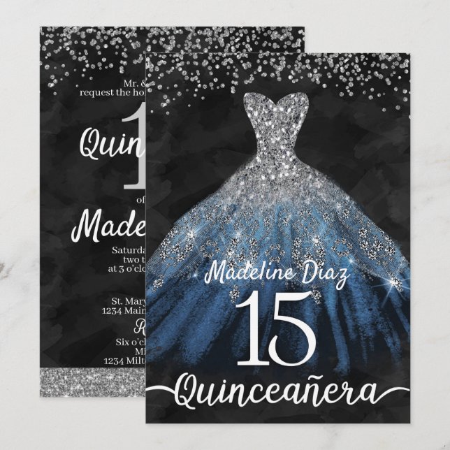 Marinho Azul Quinceanera Convite Cumpleanos (Frente/Verso)