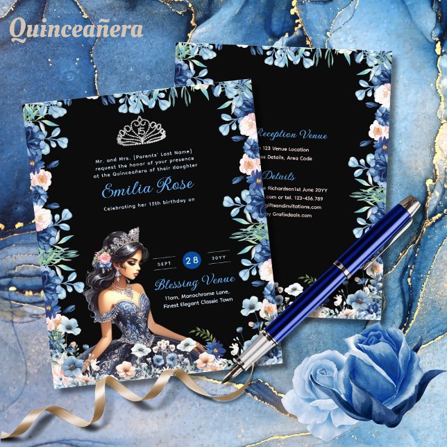 Marinho Azul Quinceanera Vestido Rosas Florais (Criador carregado)