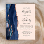 Marinho Azul Rosa Dourado Agate Blush Casamento<br><div class="desc">A borda esquerda deste elegante convite de casamento moderno apresenta um marinho azul de aquarela agate bordado com falso brilho rosa de ouro. O texto personalizável combina o script de escrita manual de cinzas de carvão com fontes em copperplate e itálico em um plano de fundo de blush. O verso...</div>