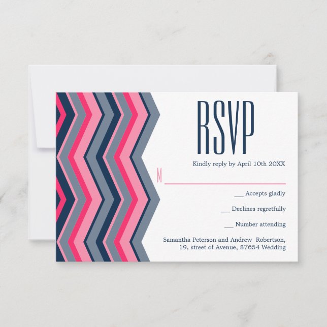 Marinho azul-rosa moderno, casamento Chevron RSVP (Frente)