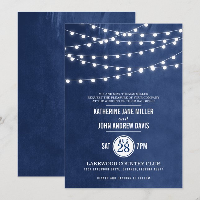 Marinho Azul String Luzes de Casamento Convite (Frente/Verso)