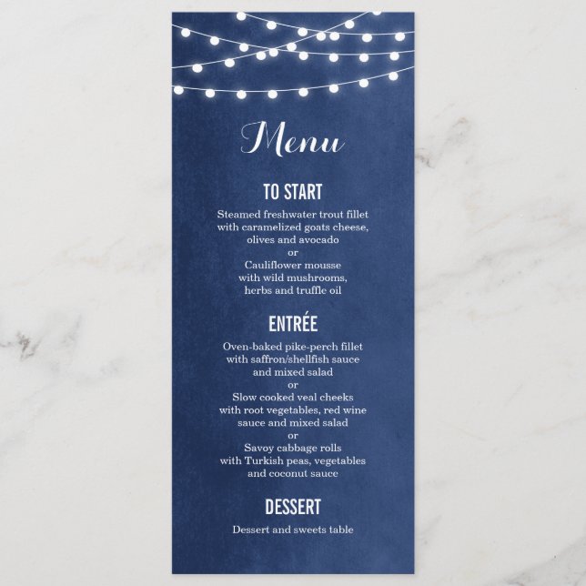 Marinho Azul String Luzes Menu de Casamento (Frente)