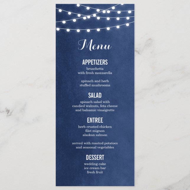 Marinho Azul String Luzes Menu de Casamento (Frente)