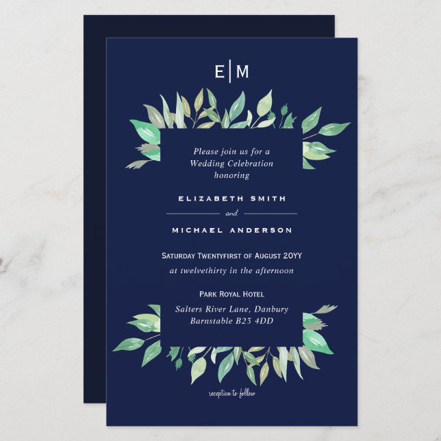 Marinho Azul Verde Deixa Convite de casamento De O (Frente/Verso)