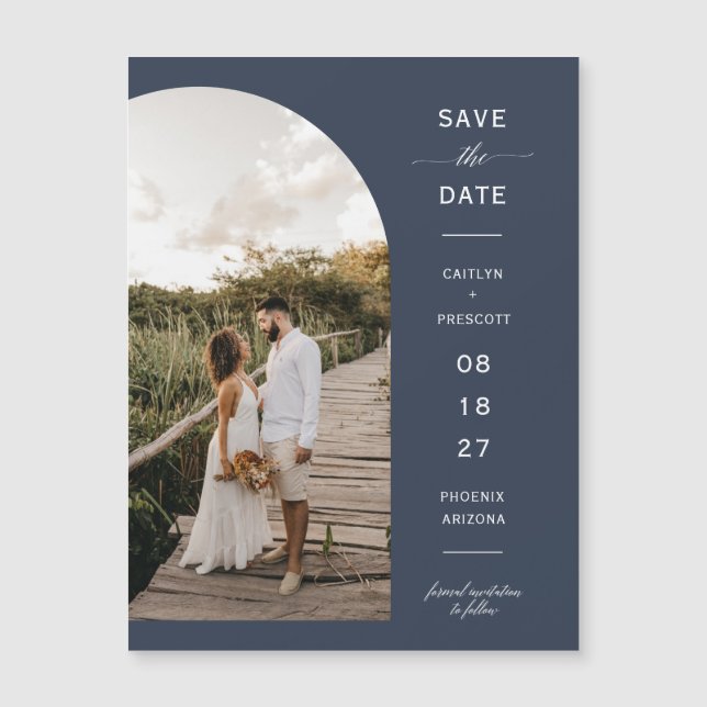 Marinho Blue Arch Photo Save the Date Magnetic Car (Frente)