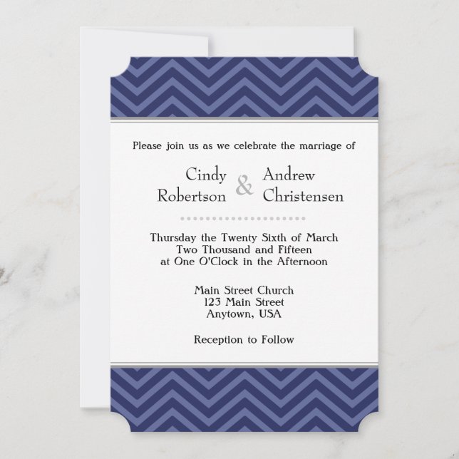 Marinho Blue Chevron - Convites para Casamento (Frente)