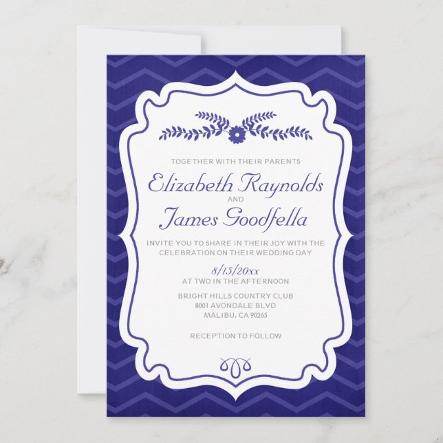 Marinho Blue Chevron Stripes Convites de Casamento (Frente)