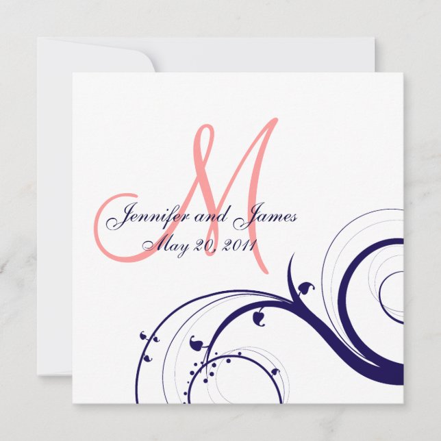 Marinho Blue Coral Pink Convites de Casamento (Frente)