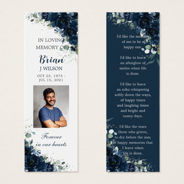 Marinho Blue Floral Foto Funeral Memorial Bookmark (Frente & Verso)