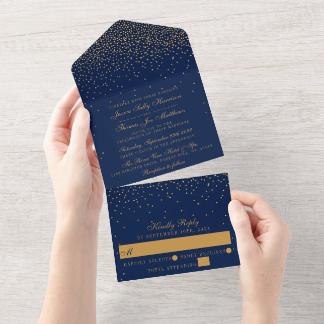 Marinho Blue & Glam Dourado Casamento Confetti (Aba destacável)