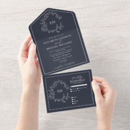 Marinho Blue Leafy Crest Monograma Casamento