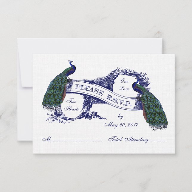Marinho Blue Peacocks Casamento vintage RSVP (Frente)