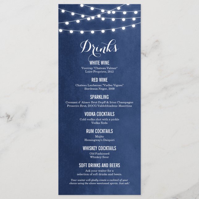 Marinho Blue String Lights Wedink Menu Card (Frente)