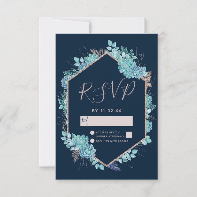 Marinho Blue Succulents & Rosa Dourada WedSAR RSVP (Frente)