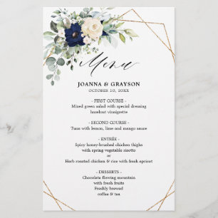 Marinho Blush Floral Greenery Menu de Casamento Ge