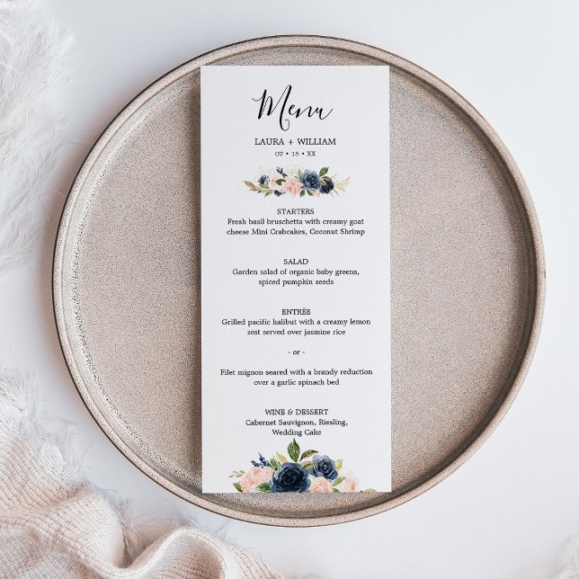 Marinho Blush Floral Ouro Deixa O Menu De Casament (Navy Blush Floral Golden Leaves Wedding Menu)