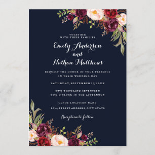 Marinho Borgonha Casamento outono Floral Convite
