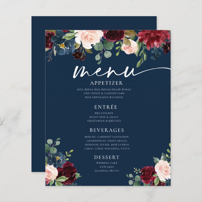 Marinho Burgundy Blush Floral Wedding Menu Plano (Frente/Verso)