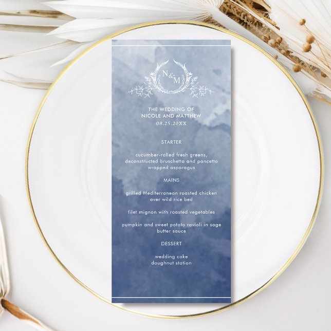 Marinho Chic Blue Watercolor, Menu Casamento Monog (Criador carregado)