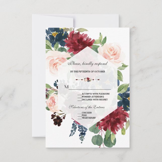 Marinho Chic Burgundy Floral Frame Weding RSVP (Frente)
