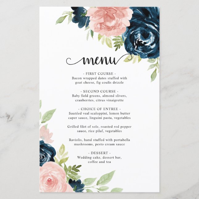 Marinho Cor-de-Rosa Azul, Floral Elegante Menu (Frente)