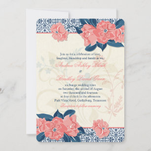 Marinho Coral Blue Vintage Convite Floral Para Cas