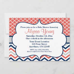 Marinho Coral Quatrefoil Chevron Convite
