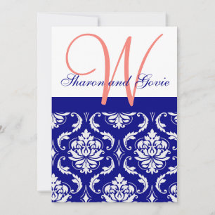 Marinho Damask Coral Monograma Convite de Casament