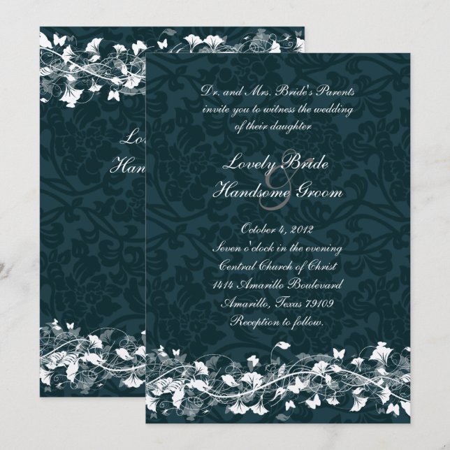 Marinho Damask Cream Floral Casamento Convite (Frente/Verso)