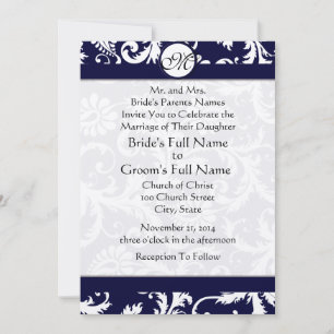 Marinho Damask Swirls Convite Para Casamento