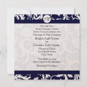 Marinho Damask Swirls Convite Para Casamento