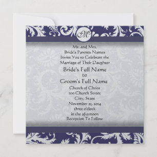 Marinho Damask Swirls Convite Para Casamento