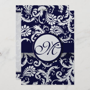 Marinho Damask Swirls Convite Para Casamento