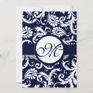 Marinho Damask Swirls Convite Para Casamento