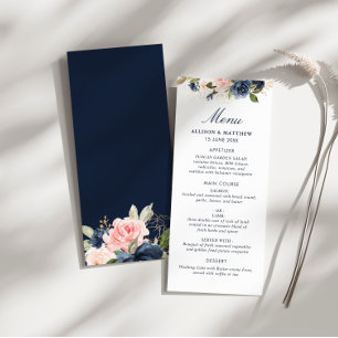 marinho de aquarela e menu de casamento floral