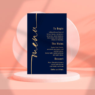 Marinho de Caligrafia Azul Dourado Menu Casamento