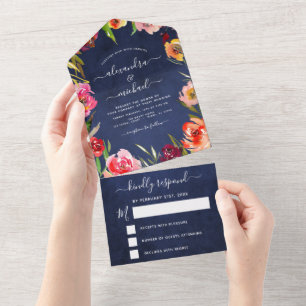 Marinho de Casamento Blue Floral Elegant Watercolo
