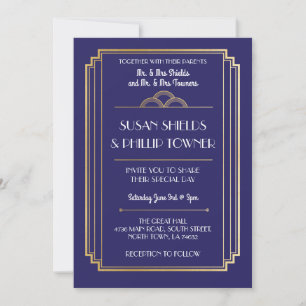 Marinho de Convites para Casamento Art Deco e Dour